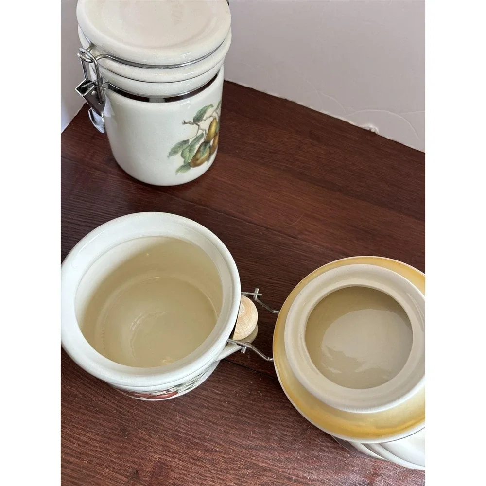 Vintage Ceramic Food Canister Set Pears Apples Grapes‎ With Wooden Spoons